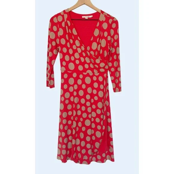 BODEN Polka Dot Faux Wrap Dress Coral Beige Size 8 - Picture 1 of 6